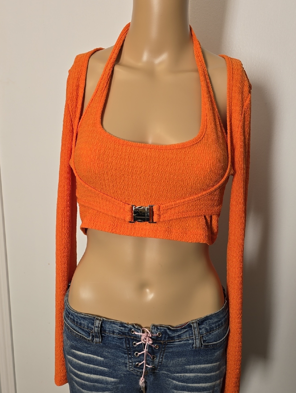 Orange Halter Crop Top with Buckle Detail - Small